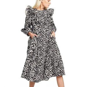 NWT Sandy Liang Target Womens Leopard Print Long Sleeve Midi Dress Ruffle XS